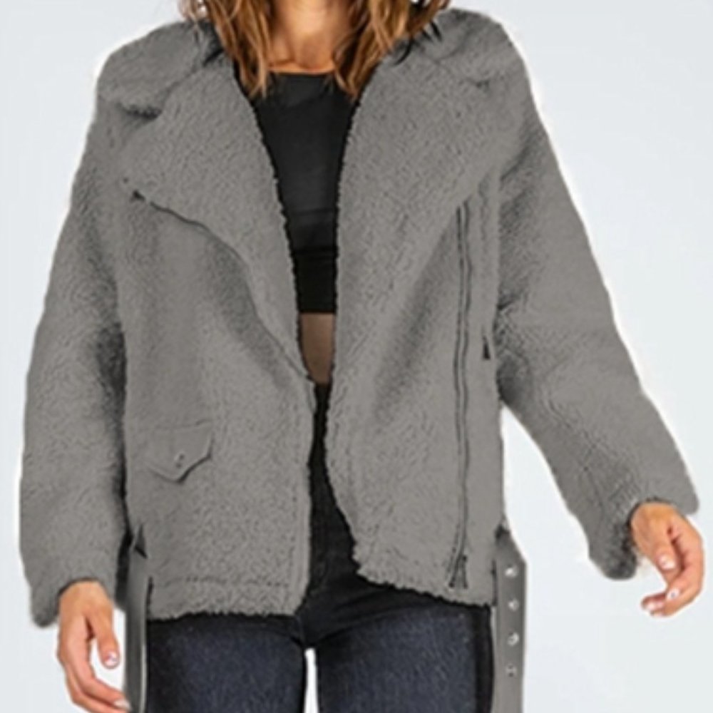 Charcoal ZipUp Belted Sherpa Jacket Gem